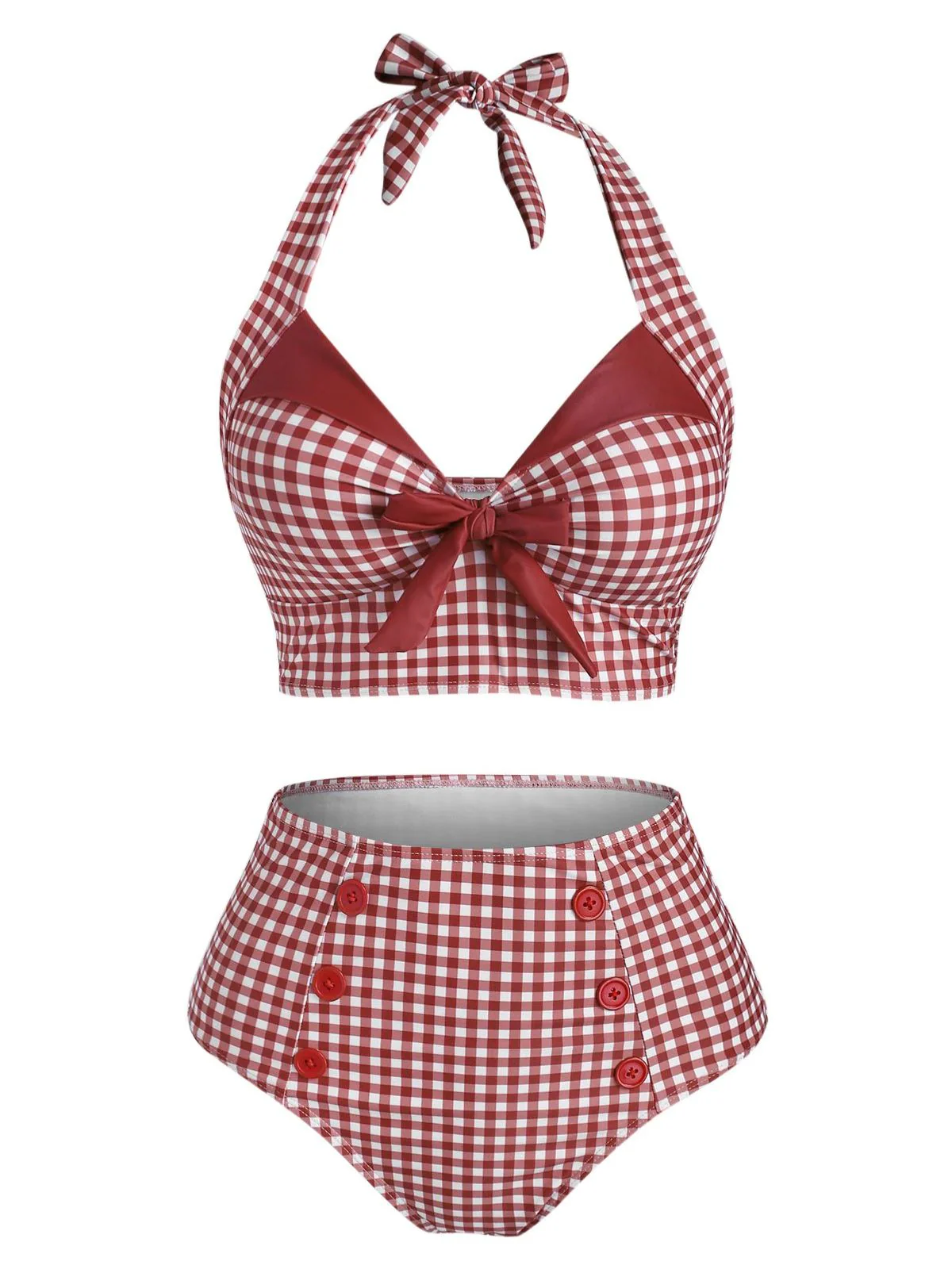 Green Gingham Halter Bowknot Bikini Set