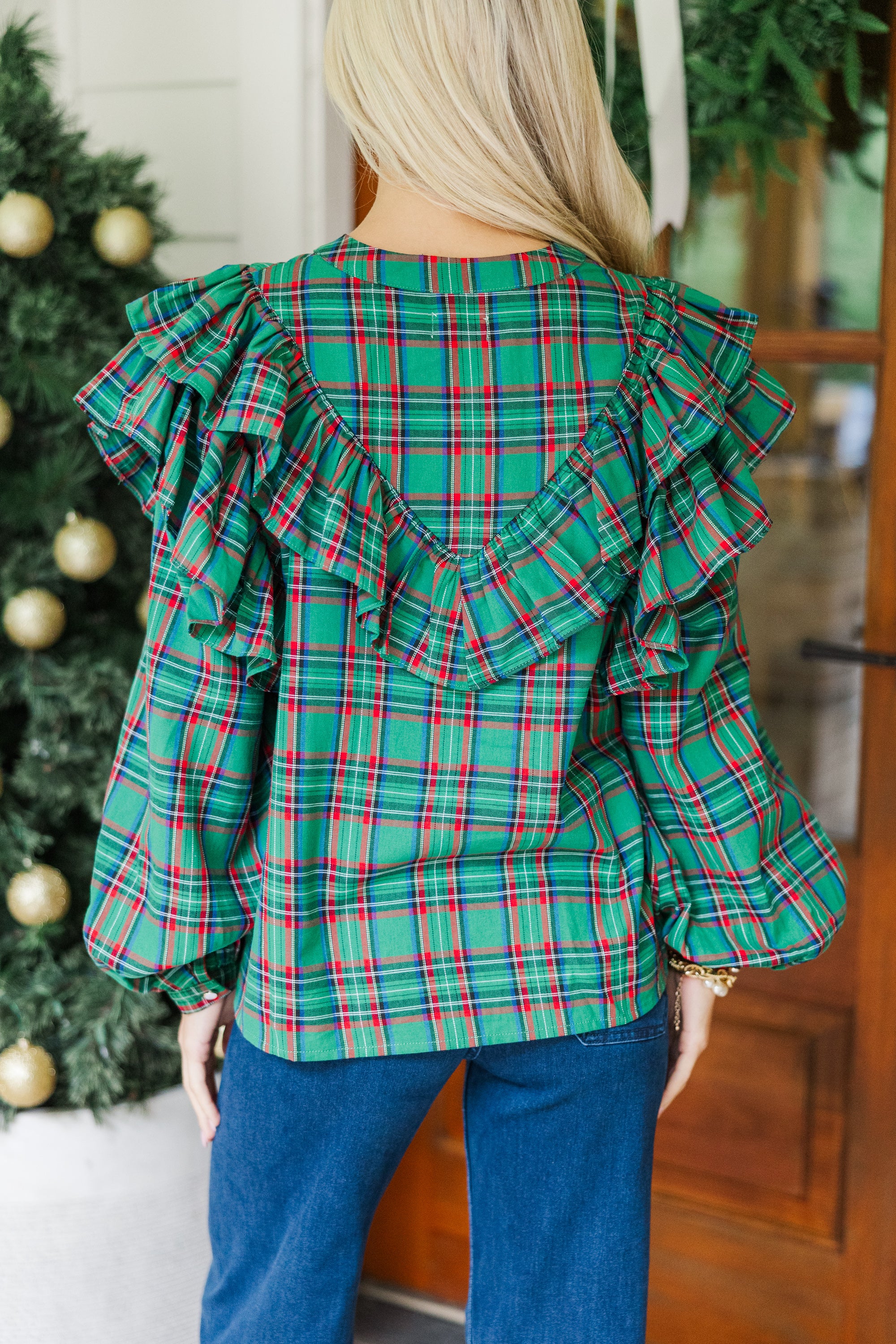 Green Tartan Plaid Button Down Blouse