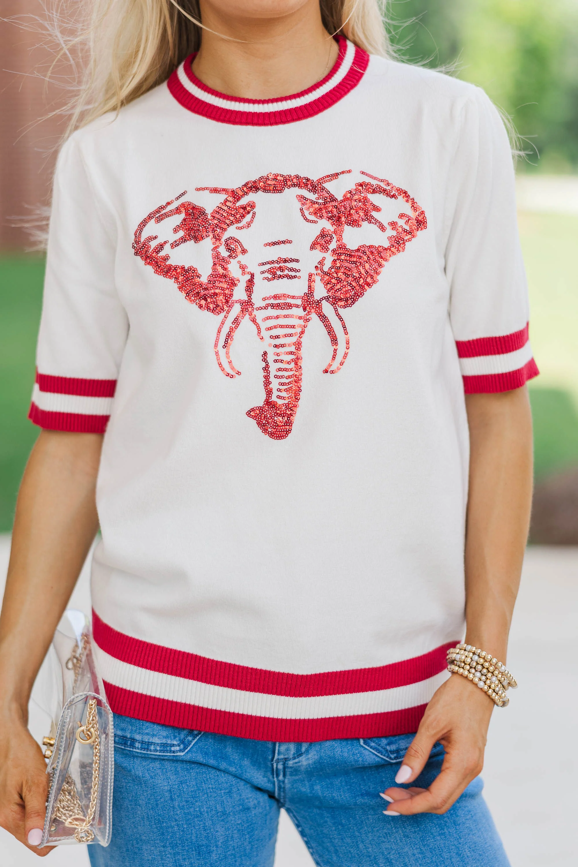 Stay In Character White/Crimson Elephant Sweater