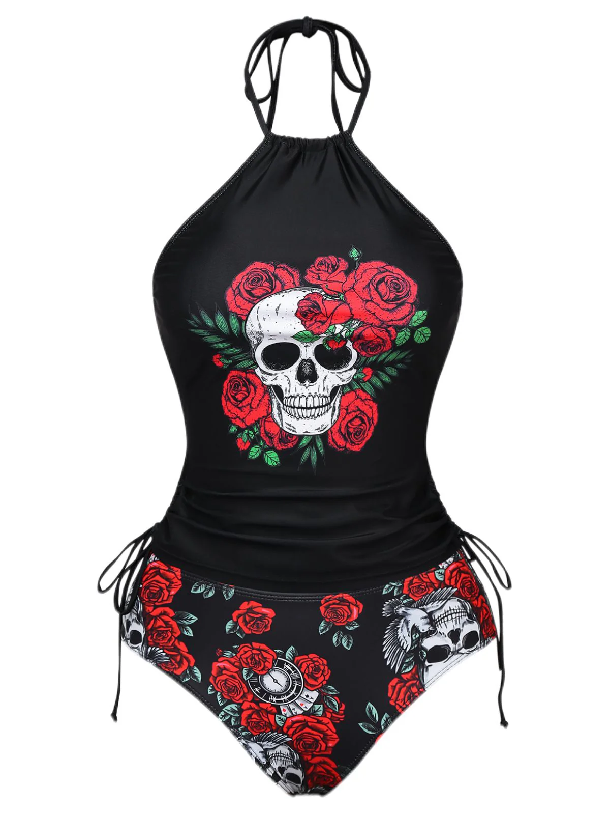 Black  Steampunk Halter Skeleton Rose Swimsuit