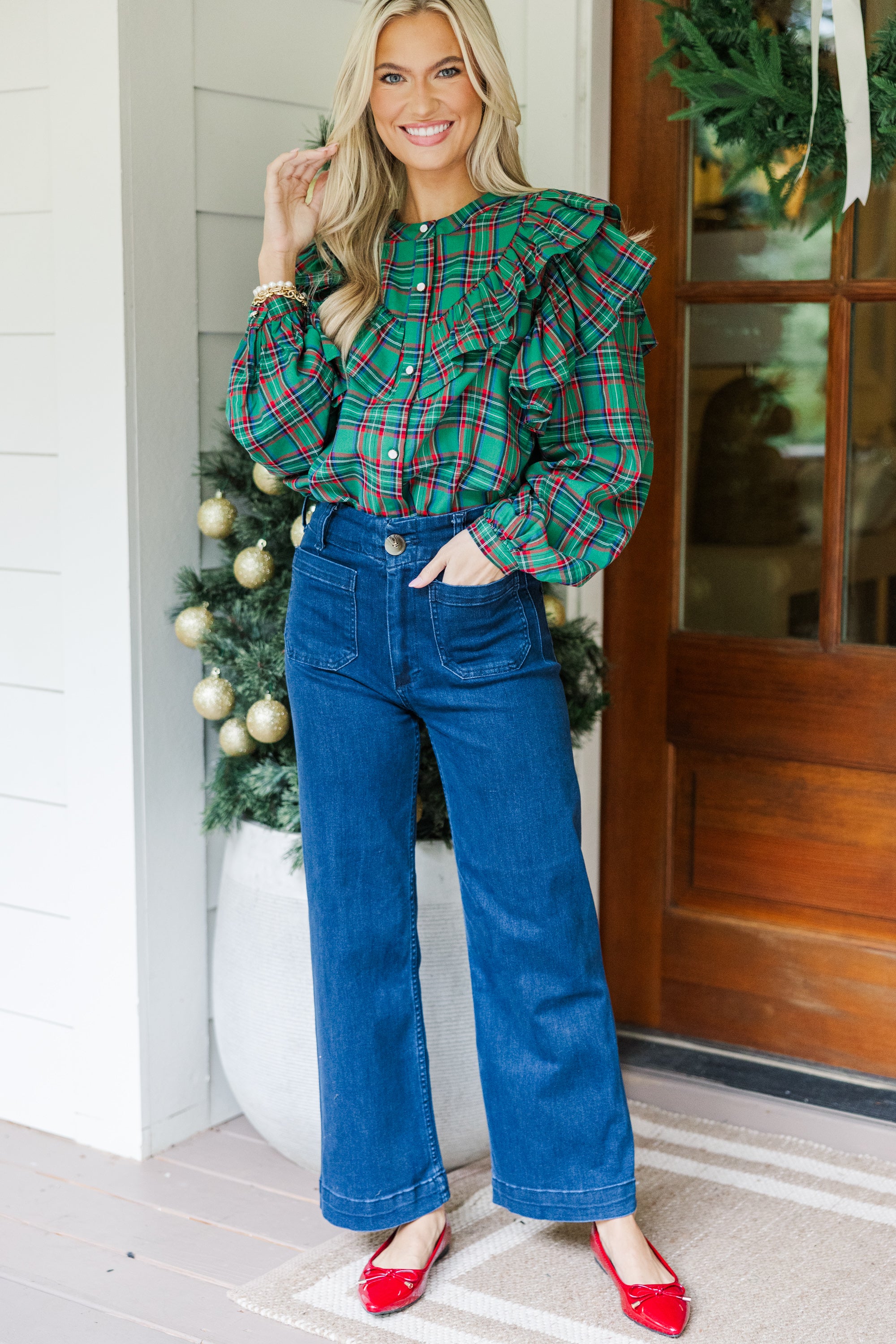 Green Tartan Plaid Button Down Blouse