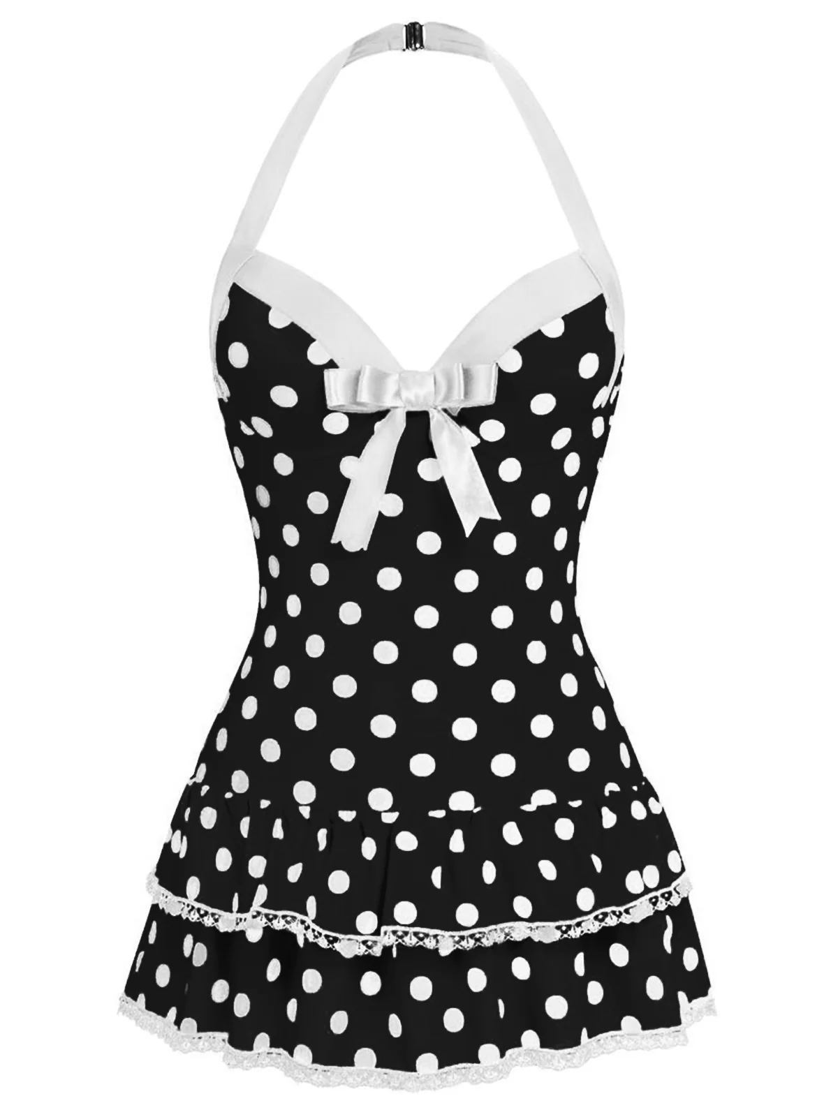 Black Halter Polka Dots Bow One-Piece Swimsuit