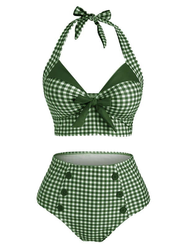 Green Gingham Halter Bowknot Bikini Set