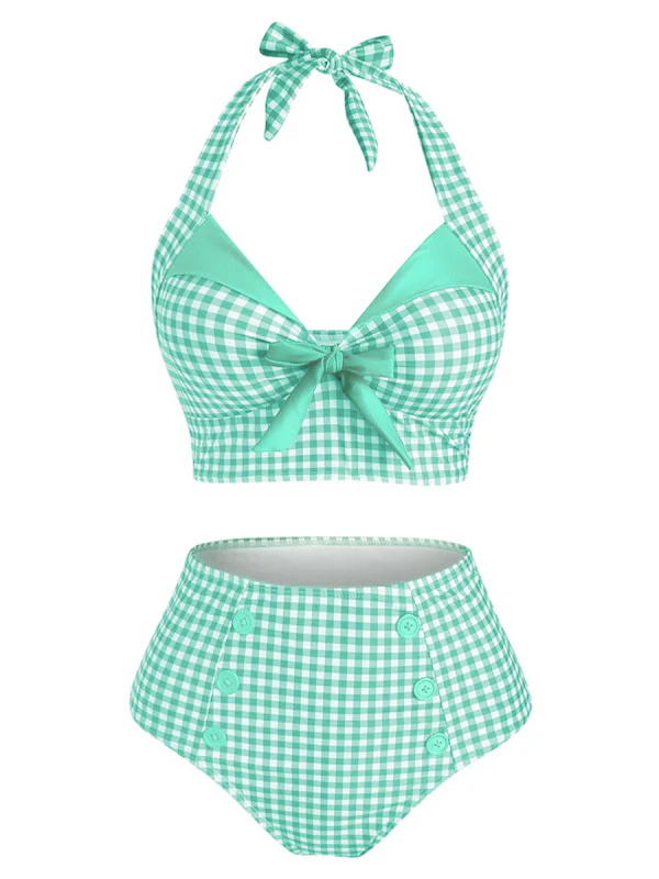 Green Gingham Halter Bowknot Bikini Set