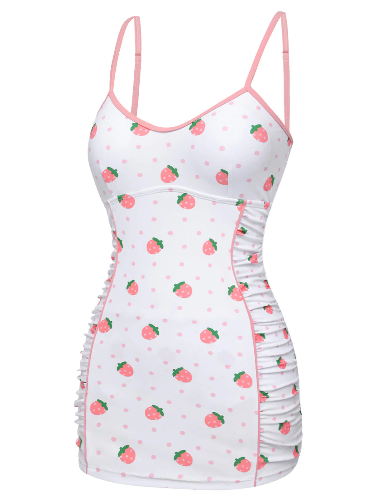 White & Pink  Strawberry Pleated Swimsuit
