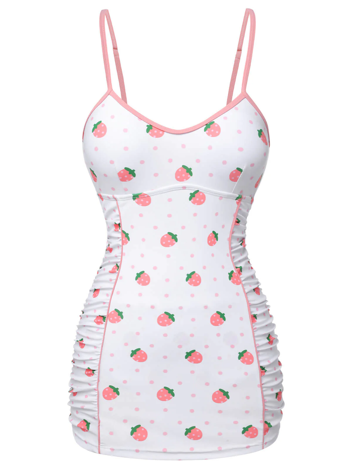 White & Pink  Strawberry Pleated Swimsuit