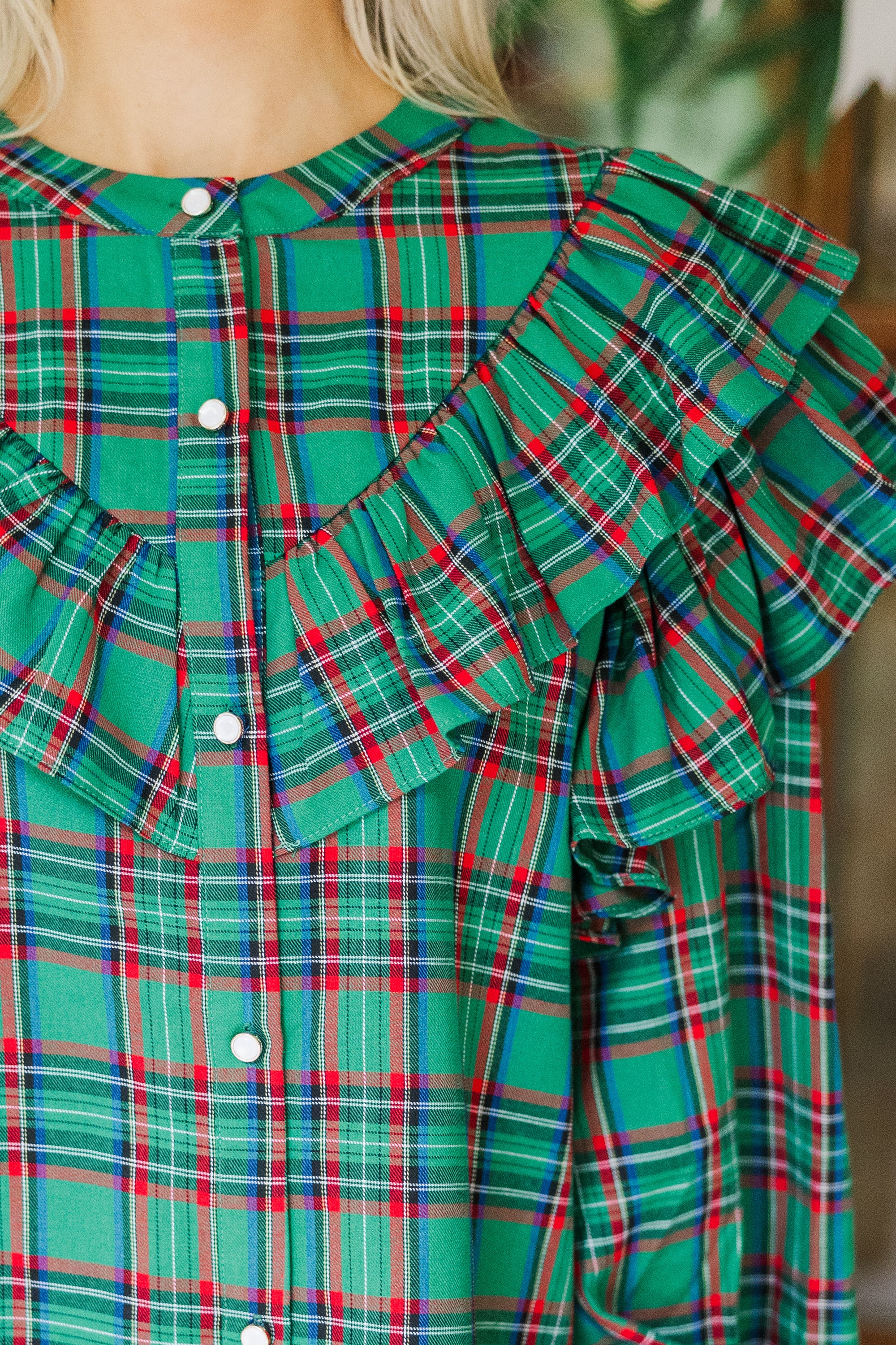 Green Tartan Plaid Button Down Blouse