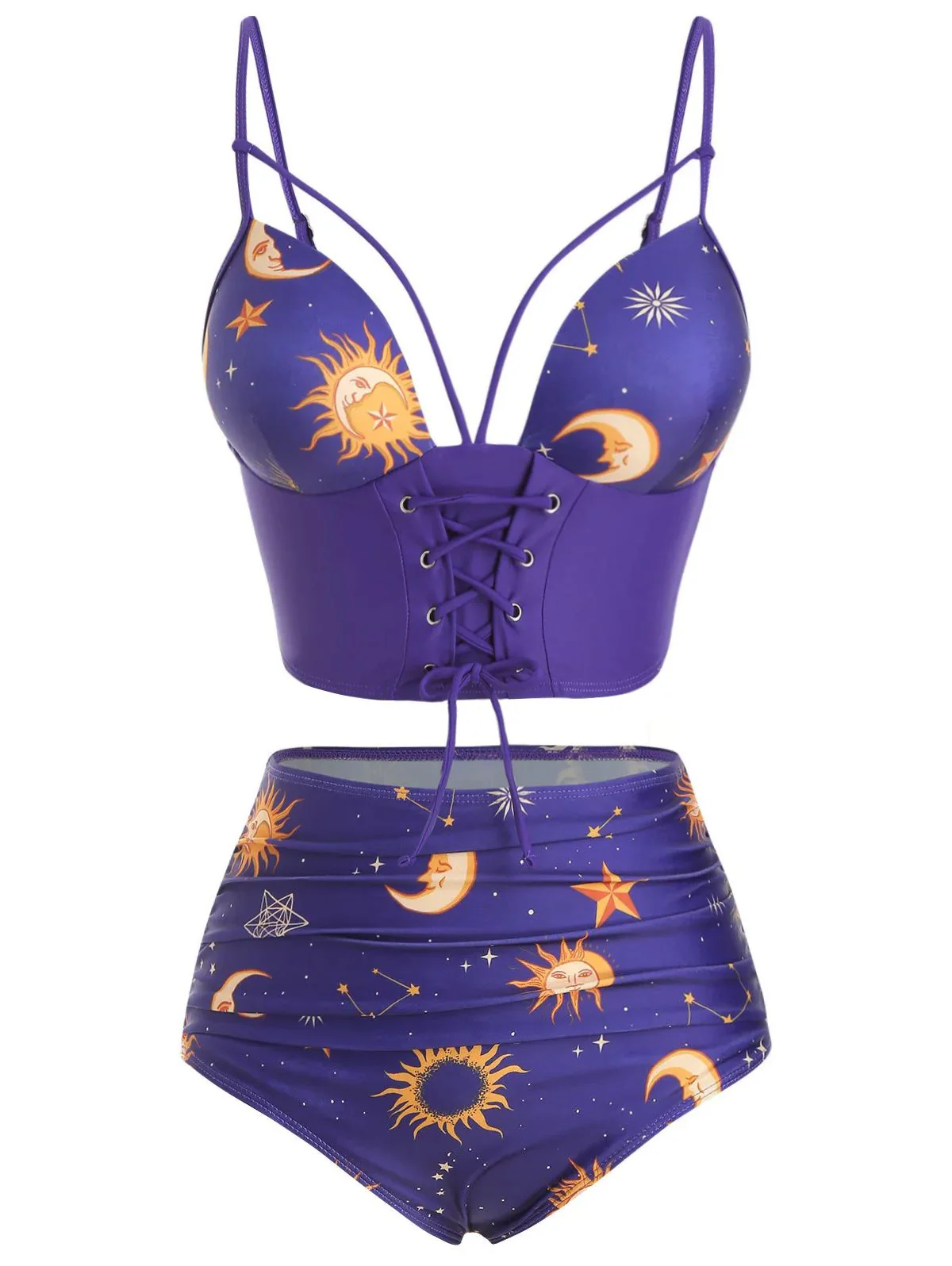Purple Sun Moon Stars Lace-Up Swimsuit