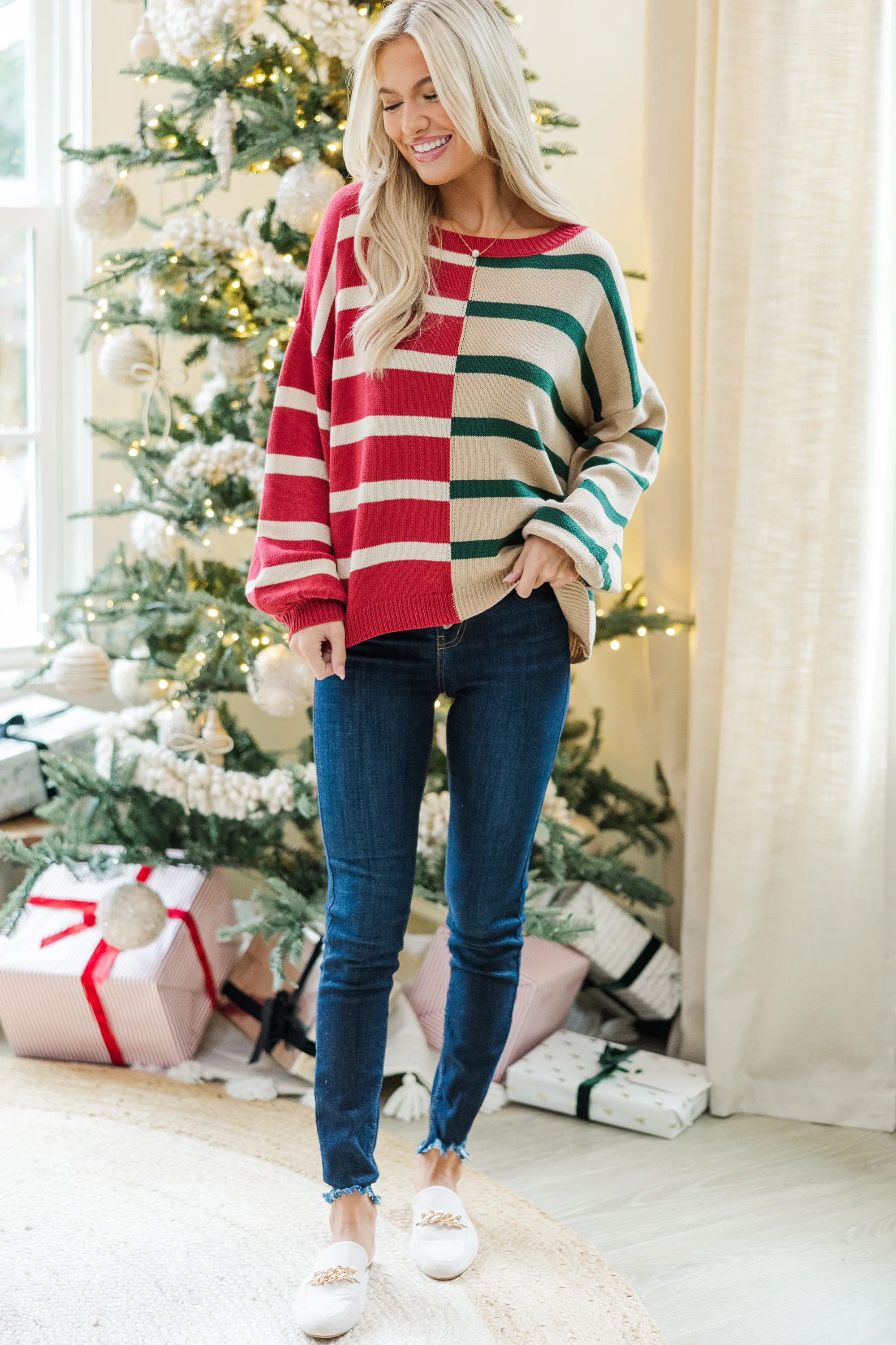 Red/Green Striped Colorblock Sweater