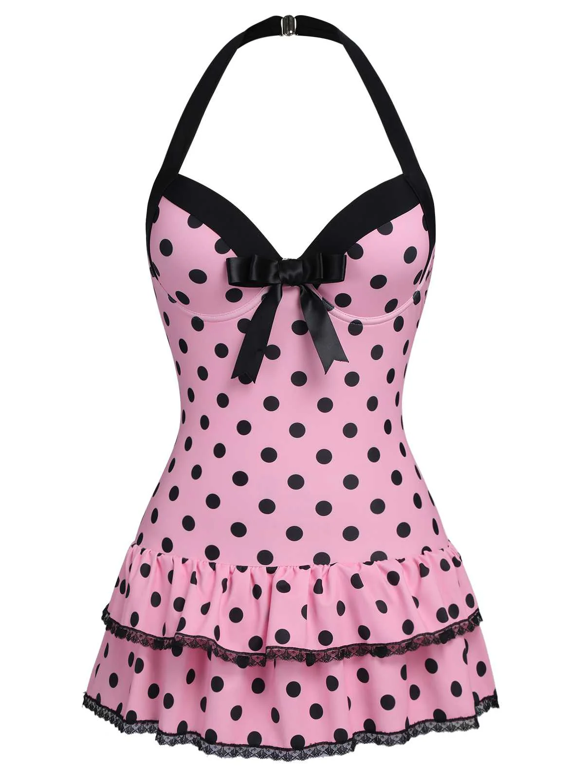 Black Halter Polka Dots Bow One-Piece Swimsuit