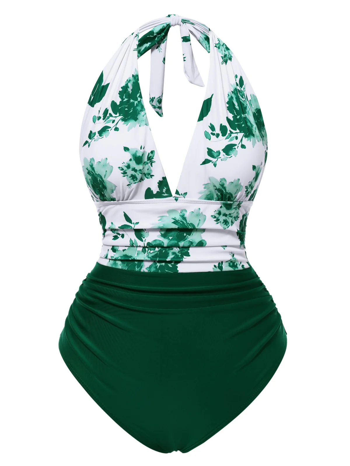 Green Halter Floral Ruched One-piece Swimsuit
