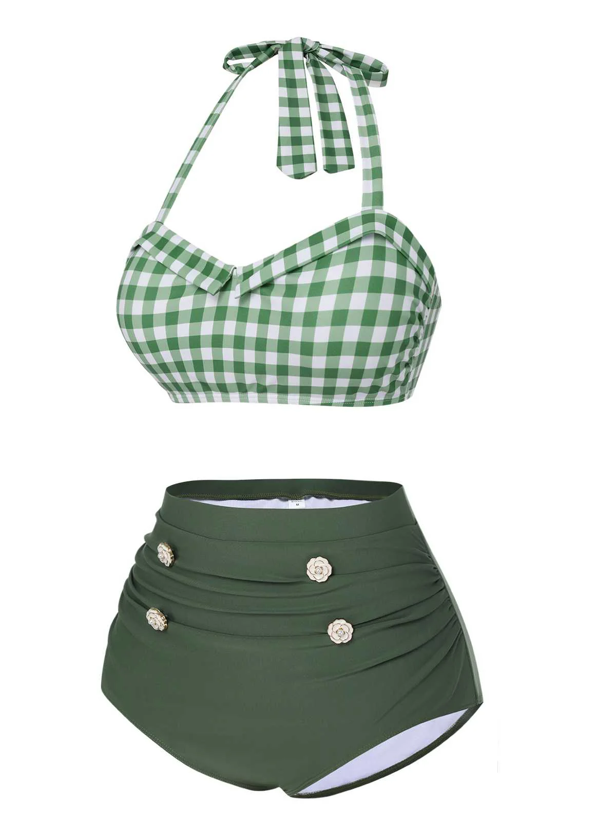 Green Gray Halter Plaids Swimsuit