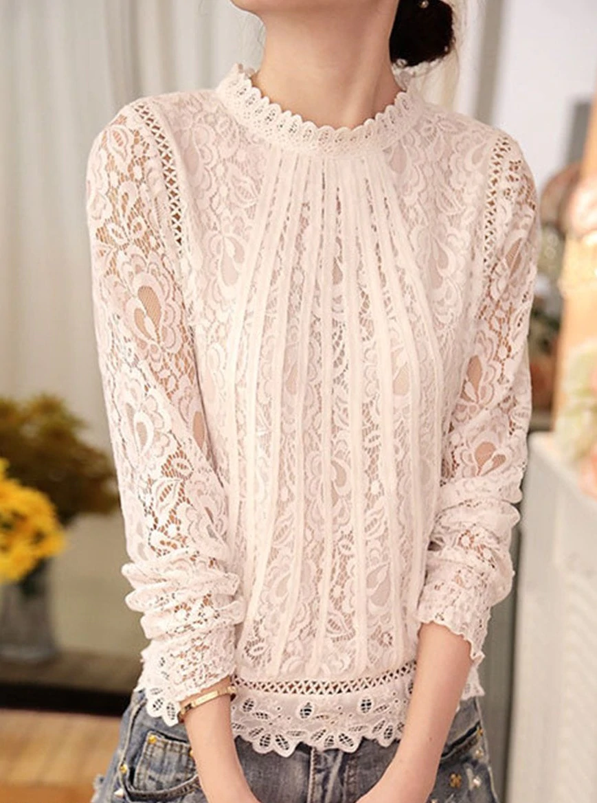 Band Collar Embroidered Lace Blouses
