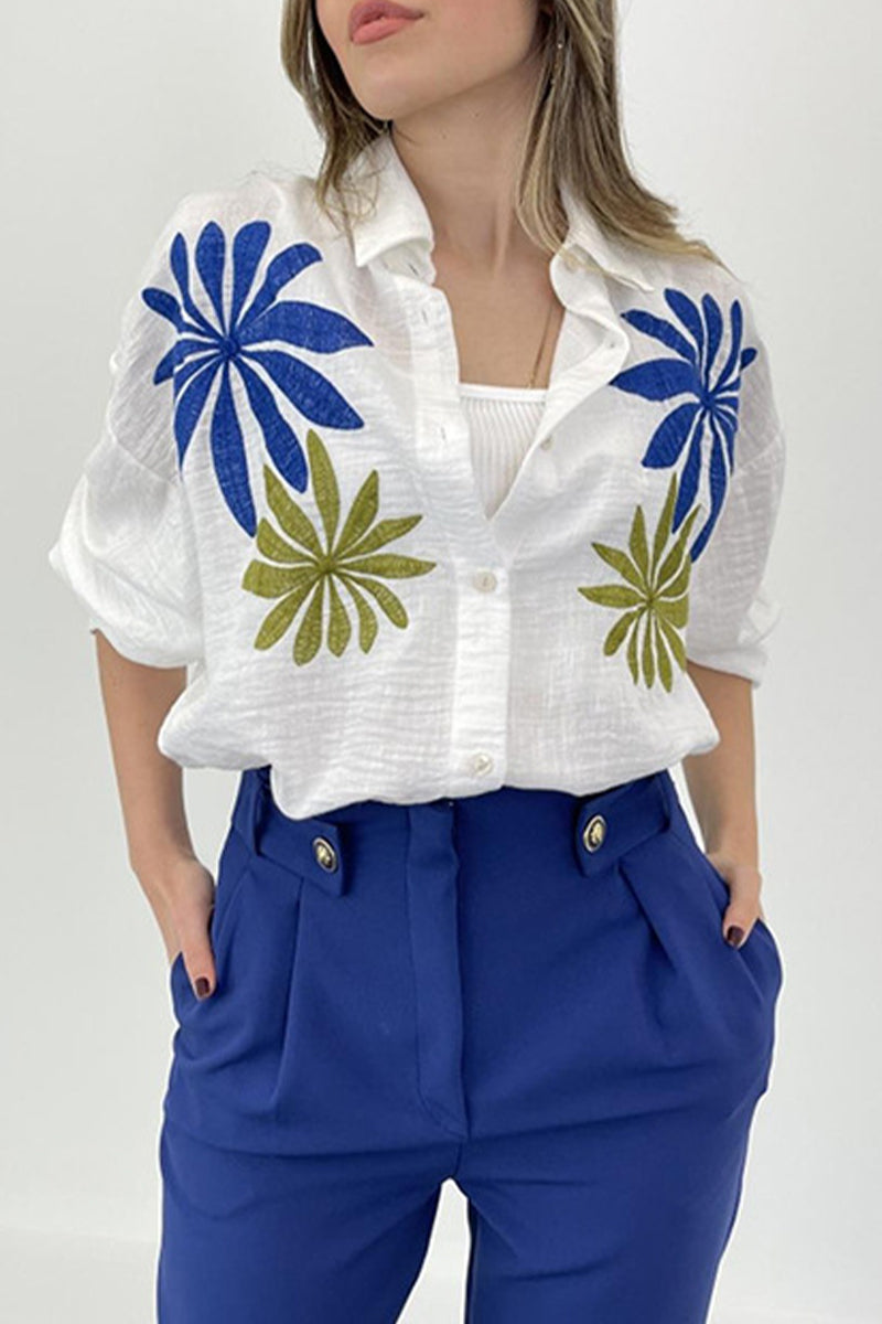Casual Floral Patchwork Turndown Collar Tops