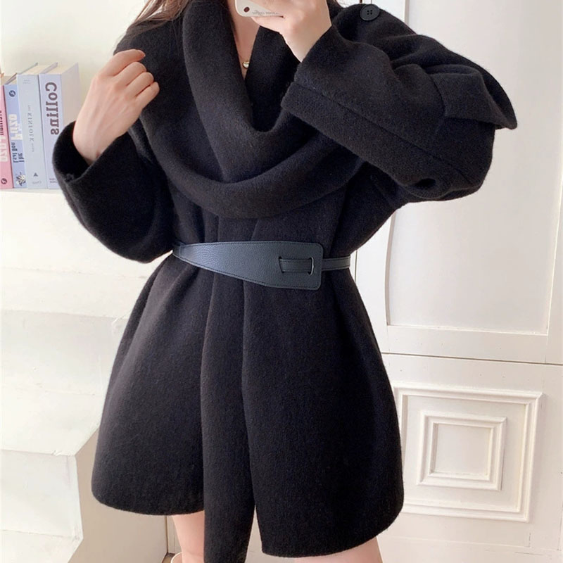 Women's Casual Long Sleeve Solid Midi Jacket Winter Fashion Design Sweater Tops Autumn Elegant Asymmetrical Scarf Knitted Coats