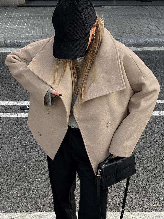 Winter Khaki Woolen Double Breasted Coat High-End Women's Clothing